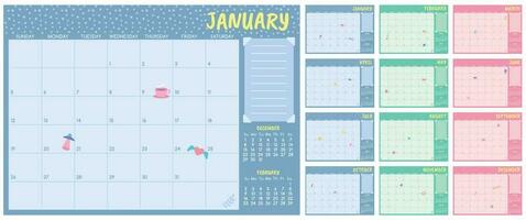 mignonne mensuel planificateur modèle. des gamins calendrier, Facile année mois planificateurs et mois journées Remarques pages vecteur ensemble