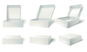 ouvert emballage boîte. Vide paquet des boites, ouvert et fermé blanc paquets maquette 3d vecteur illustration ensemble