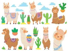 dessin animé mexicain alpaga. marrant les lamas, dessin animé mignonne animal et lama avec désert cactus vecteur ensemble