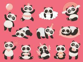 dessin animé mignonne Panda. peu bébé pandas, adorable en train de dormir animaux et rose Princesse Panda ours vecteur illustration ensemble