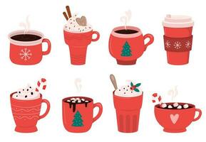 Noël vacances café tasse. cacao avec guimauves, hiver chauffage les boissons et chaud Expresso tasse vecteur illustration ensemble