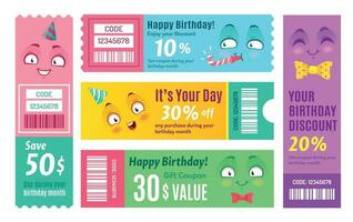 content anniversaire promo bon. anniversaire coupon, content cadeau pièces justificatives et souriant promo code coupons modèle vecteur ensemble