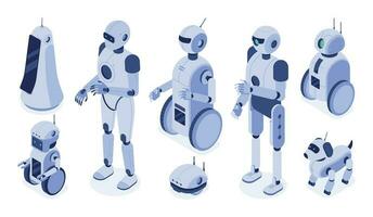 isométrique robots. numérique robotique Machines, futuriste Android développement et 3d robot personnage vecteur illustration ensemble