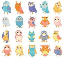 dessin animé hibou. mignonne Couleur hiboux, forêt des oiseaux et main tiré bébé hibou vecteur illustration ensemble