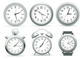 réaliste horloges. mur rond horloge, alarme et montres-bracelets. chronomètre minuteur, temps regarder vecteur 3d illustration ensemble