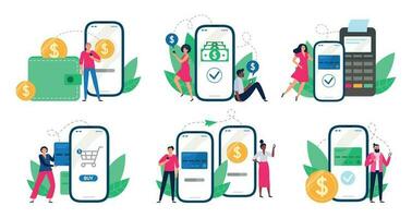 mobile Paiements. gens avec les smartphones envoyer argent transferts, borne de point de vente Paiement et financier transactions vecteur illustration ensemble