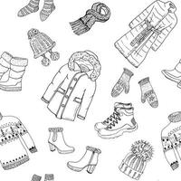 saison d'hiver doodle vêtements modèle sans couture croquis dessinés à la main vector illustration de fond