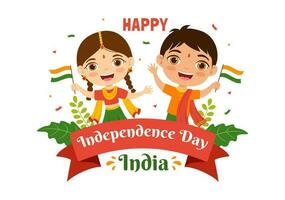 content indépendance journée Inde vecteur illustration sur 15 août avec Indien drapeau dans des gamins dessin animé main tiré fête Contexte modèles
