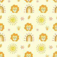 mignonne sans couture modèle conception de Lion diriger, Soleil et arc-en-ciel, des gamins dessin animé vecteur illustration