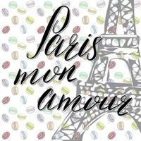 Paris mon amour lettrage signe mots français avec tour eiffel croquis dessinés à la main sur illustration vectorielle fond abstrait vecteur