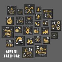 calendrier de l'Avent de Noël. éléments et nombres dessinés à la main. cartes de calendrier de vacances hiver scénographie, illustration vectorielle vecteur