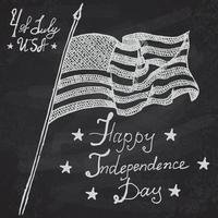 Usa drapeau ondulant, symbole américain, en juillet, croquis dessiné à la main, texte joyeux jour de l'indépendance, illustration vectorielle, sur fond de tableau vecteur