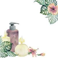 main tiré aquarelle spa soin de la peau une baignoire beauté des produits paquet avec fleurs et feuilles. Cadre frontière. isolé sur blanc Contexte. conception pour bien-être station balnéaire, imprimer, tissu, couverture, carte, brochure. vecteur