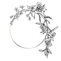 main tiré vecteur encre orchidée fleurs et branches, monochrome, détaillé contour. cercle couronne composition. isolé sur blanc Contexte. conception pour mur art, mariage, imprimer, tatouage, couverture, carte.