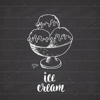 crème glacée avec croquis de lettrage, étiquette vintage, insigne texturé grunge dessiné à la main, modèle de logo rétro, illustration vectorielle de typographie design sur fond de tableau vecteur