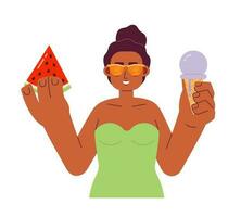 pastèque et la glace crème sur plage plat vecteur place illustration. africain américain femme dans maillot de bain 2d dessin animé personnage sur blanc pour la toile ui conception. en mangeant amusement isolé modifiable Créatif héros image