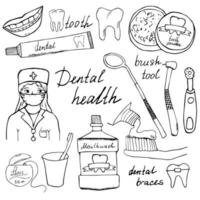 ensemble d'icônes de griffonnages de santé dentaire croquis dessiné à la main avec des dents, dentifrice brosse à dents dentiste rince-bouche et soie dentaire. illustration vectorielle isolée vecteur