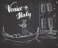 Venise Italie croquis dessinés à la main doodle gondolier et lettrage signe manuscrit, texte calligraphique grunge. illustration vectorielle sur fond de tableau vecteur