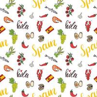 Éléments de doodle de modèle sans couture d'Espagne, croquis dessinés à la main crevettes de cuisine espagnole, olives, raisin, drapeau et lettrage fond d'illustration vectorielle. vecteur