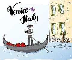 Venise Italie croquis dessinés à la main doodle gondolier et lettrage signe manuscrit, texte calligraphique grunge. illustration vectorielle vecteur