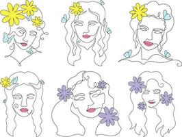 ensemble de femelle visages avec fleurs. vecteur illustration dans griffonnage style.