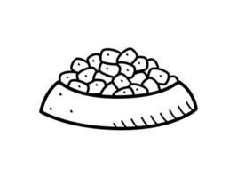 sec nourriture dans une bol vecteur griffonnage illustration. animal de compagnie repas dans une plaque. icône sur une blanc Contexte.