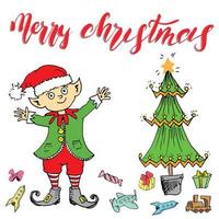 lettrage de joyeux Noël. illustration vectorielle dessinés à la main avec elfe. vecteur
