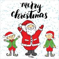 lettrage de joyeux Noël. illustration vectorielle dessinés à la main avec le père Noël et les elfes. vecteur
