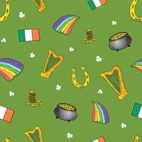 Modèle sans couture de doodle dessiné à la main de la Saint-Patrick, avec leprechaun, pot de pièces d'or, arc-en-ciel, bière, trèfle à quatre feuilles, fer à cheval, harpe celtique et drapeau de l'illustration vectorielle de l'Irlande vecteur