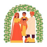 Indien mariage la cérémonie plat concept vecteur place illustration. la mariée jeune marié. hindou couple 2d dessin animé personnages sur blanc pour la toile ui conception. arrangé mariage isolé modifiable Créatif héros image