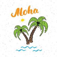 lettrage mot aloha avec signe de conception typographique palmiers croquis dessinés à la main, illustration vectorielle. vecteur