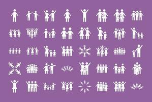 ensemble de personnalités communautaires et familiales dans les icônes de style de ligne de fond violet vecteur