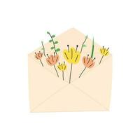 mignonne dessin animé illustration de enveloppe avec fleurs dans Jaune et rose couleur. les plantes dans enveloppe griffonnage. vecteur