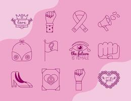 ensemble d'icônes de style de ligne féminisme en fond rose vecteur