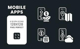 mobile applications blanc solide bureau Icônes ensemble. marché recherche. information technologie. numérique outils. pixel parfait 128x128, contour 4px. symboles pour foncé thème. glyphe pictogrammes. vecteur isolé images
