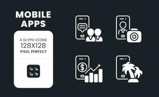 mobile applications blanc solide bureau Icônes ensemble. Logiciel monétisation. numérique commercialisation. en ligne outils. pixel parfait 128x128, contour 4px. symboles pour foncé thème. glyphe pictogrammes. vecteur isolé images