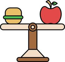 Burger avec Pomme sur équilibre échelle pour maintenir nourriture coloré icône. vecteur