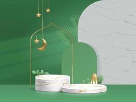 Fond vert d'affichage de produit de podium de l'islam marbel 3d avec feuille de lanterne de croissant de lune vecteur