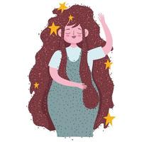 Belle jeune femme avec des étoiles de dessin animé de cheveux bruns vecteur