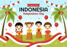 indonésien indépendance journée vecteur illustration sur 17e août avec des gamins Faire traditionnel compétition dans plat dessin animé main tiré modèle