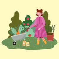 fille de jardinier avec brouette avec carottes et graines dans l'herbe vecteur