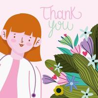 Merci femme médecin caricature avec carte de fleurs vecteur