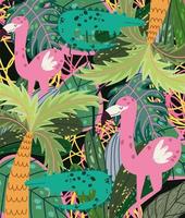 dessin animé animaux de la jungle flamants roses crocodiles feuillage de palmiers tropicaux vecteur