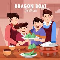 famille heureuse faire des boulettes de riz zongzi vecteur