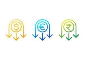réduire l'icône de la ligne des coûts avec dollar euro et roupie vecteur