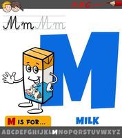 lettre m de l'alphabet avec boîte à lait de dessin animé vecteur