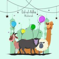 eid ul adha mubarak salutation carte décoré avec étoiles, coloré des ballons et dessin animé animal personnages sur silhouette mosquée lumière cyan Contexte. vecteur