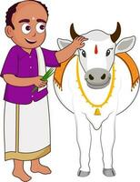 Sud Indien homme alimentation herbe à une taureau ou vache illustration. vecteur