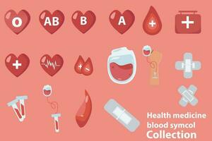 symbole collection de médical outils pour du sang don, premier aide et du sang les types vecteur