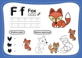 alphabet lettre f fox exercice avec illustration de vocabulaire de dessin animé vecteur